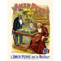 Publicité L'Amer Perre 1899 Serneels G. couple âgé jeu de cartes intérieur bourgeois lithographie bruxelles