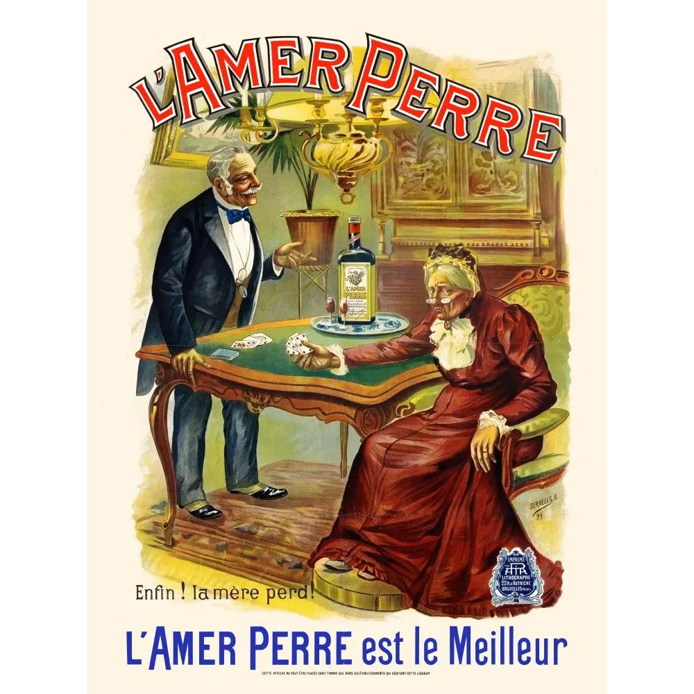 Publicité L'Amer Perre 1899 Serneels G. couple âgé jeu de cartes intérieur bourgeois lithographie bruxelles