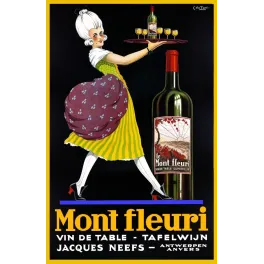Publicité Mont Fleuri Vin de Table Jacques Neefs Anvers serveuse costume XVIIIe Chilton fond noir