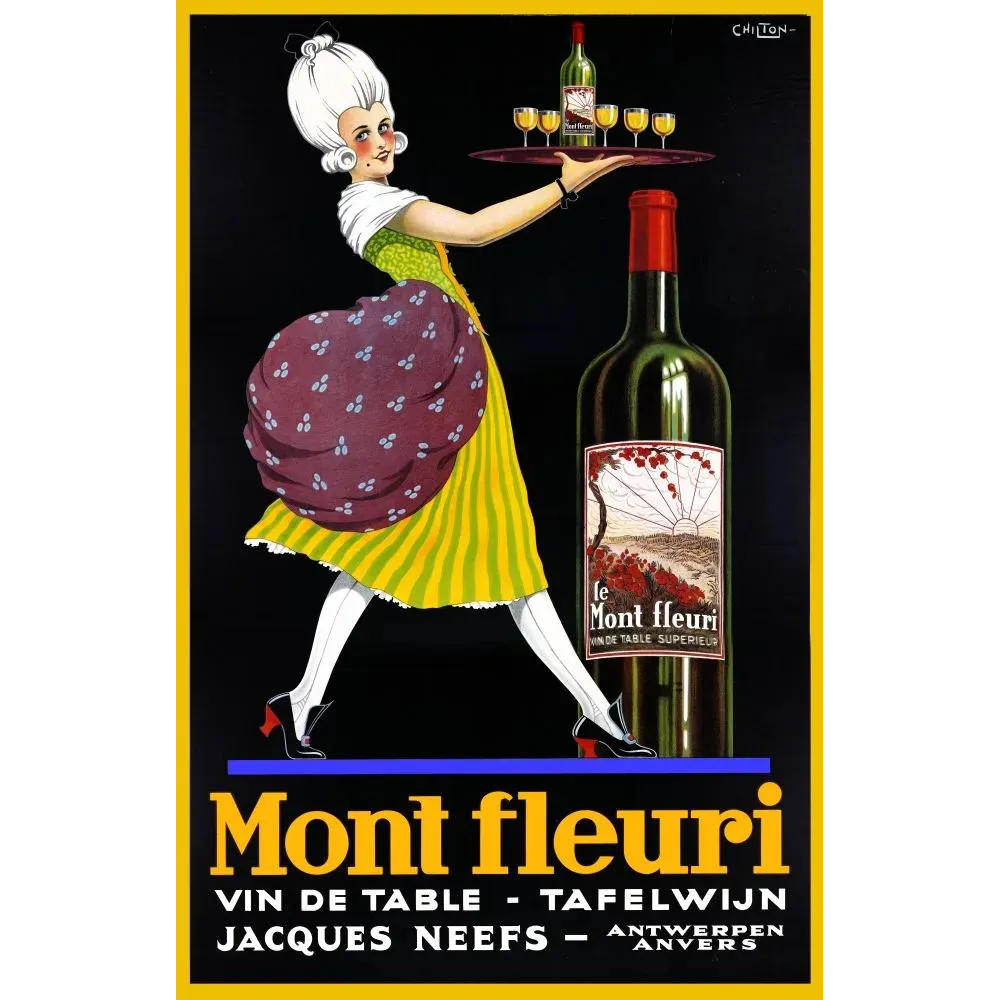 Publicité Mont Fleuri Vin de Table Jacques Neefs Anvers serveuse costume XVIIIe Chilton fond noir