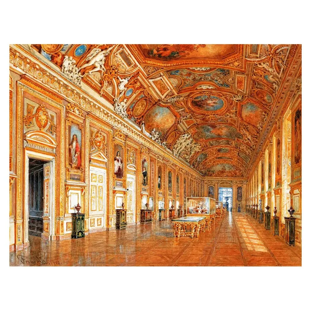 Peinture 1902 galerie dorée palais baroque fresques plafond stucs dorures parquet marqueterie perspective Peinture 1902 galerie dorée palais baroque fresques plafond stucs dorures parquet marqueterie perspective
