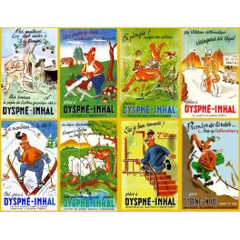Publicité Dyspné-Inhal aérosol asthme 8 vignettes humoristiques P. Giorla sport ski montagne vélo escalade