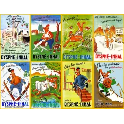 Publicité Dyspné-Inhal aérosol asthme 8 vignettes humoristiques P. Giorla sport ski montagne vélo escalade