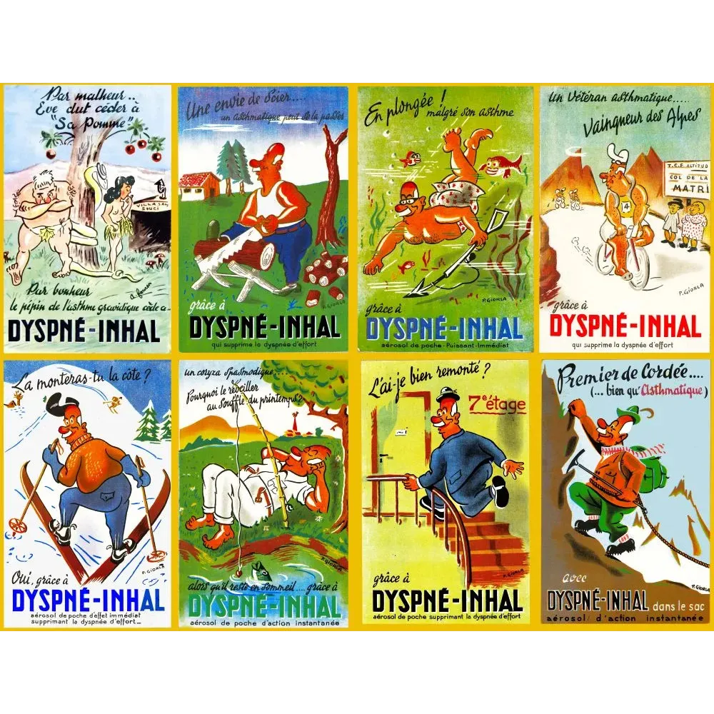 Publicité Dyspné-Inhal aérosol asthme 8 vignettes humoristiques P. Giorla sport ski montagne vélo escalade