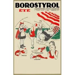 Publicité Borostyrol Été Mauzan Laboratoires Mayoly-Spindler Paris scène plage humoristique baigneurs homards