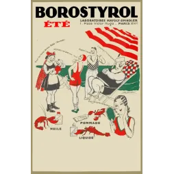 Publicité Borostyrol Été Mauzan Laboratoires Mayoly-Spindler Paris scène plage humoristique baigneurs homards