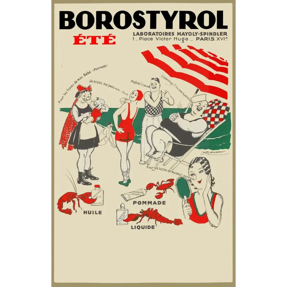 Publicité Borostyrol Été Mauzan Laboratoires Mayoly-Spindler Paris scène plage humoristique baigneurs homards Publicité Borostyrol Été Mauzan Laboratoires Mayoly-Spindler Paris scène plage humoristique baigneurs homards