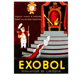 Publicité Exobol régulateur intestin héraut royal trône vide couronne manteau hermine Art déco rouge or