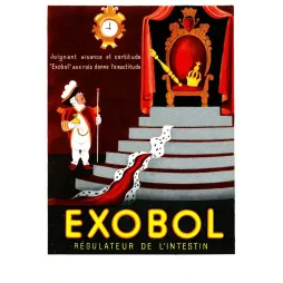 Publicité Exobol régulateur intestin héraut royal trône vide couronne manteau hermine Art déco rouge or