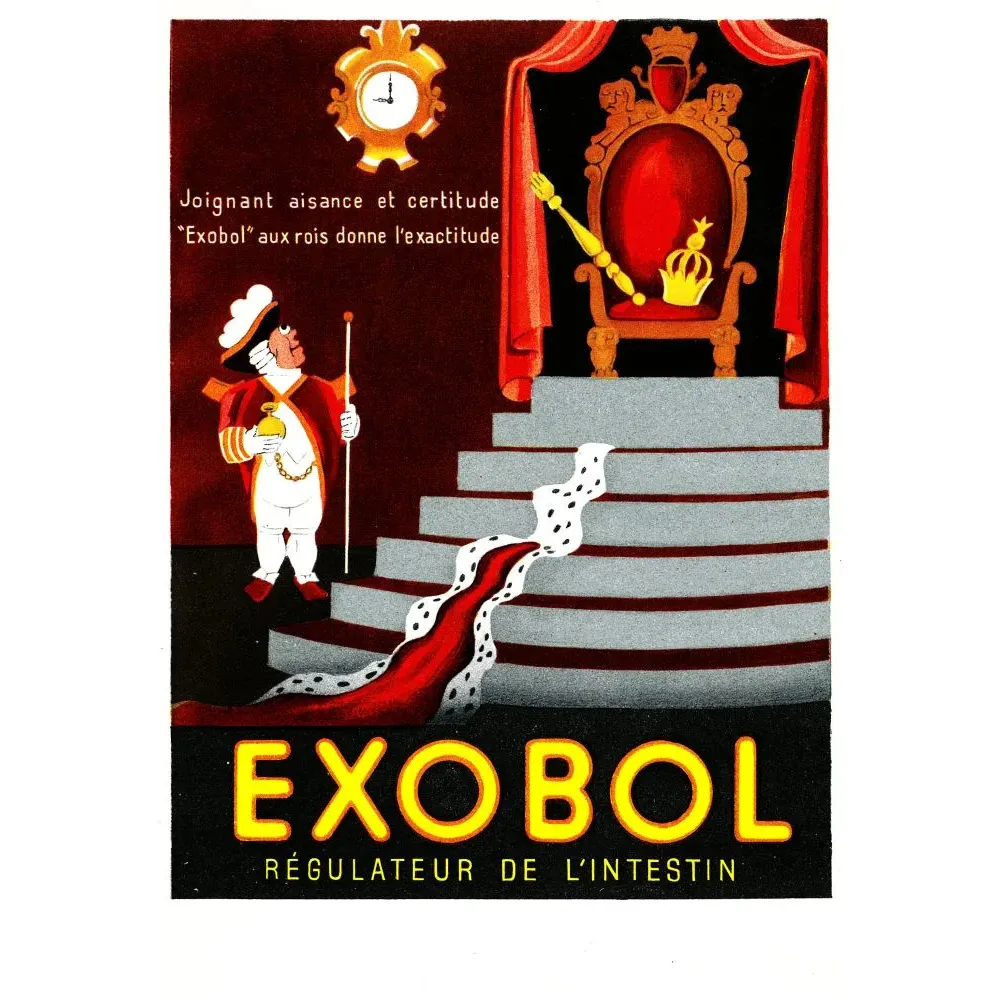 Publicité Exobol régulateur intestin héraut royal trône vide couronne manteau hermine Art déco rouge or Publicité Exobol régulateur intestin héraut royal trône vide couronne manteau hermine Art déco rouge or