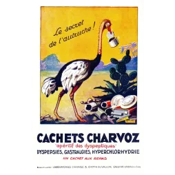 Réclame Cachets Charvoz Caluire-Lyon autruche avalant cachet dyspepsies gastralgies savane