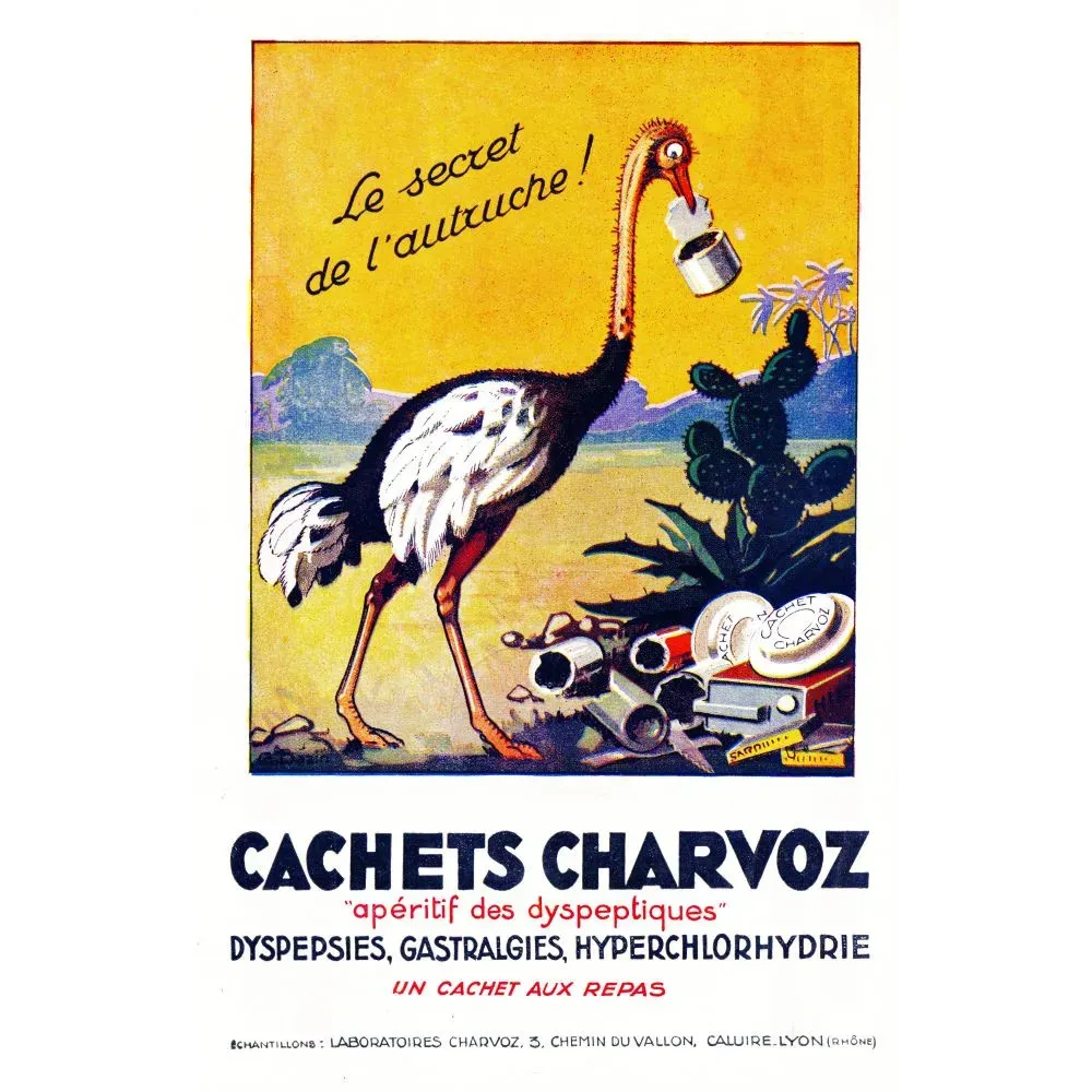 Réclame Cachets Charvoz Caluire-Lyon autruche avalant cachet dyspepsies gastralgies savane Réclame Cachets Charvoz Caluire-Lyon autruche avalant cachet dyspepsies gastralgies savane