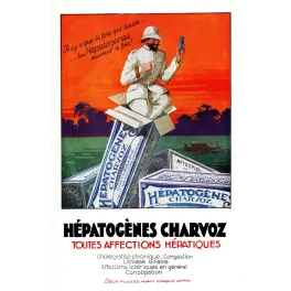 Réclame Hépatogènes Charvoz officier colonial blanc casque brousse coucher soleil tropical boîtes médicament