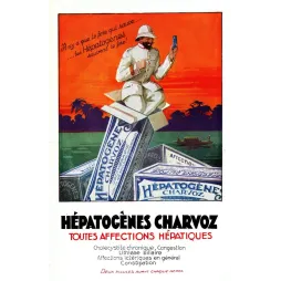 Réclame Hépatogènes Charvoz officier colonial blanc casque brousse coucher soleil tropical boîtes médicament