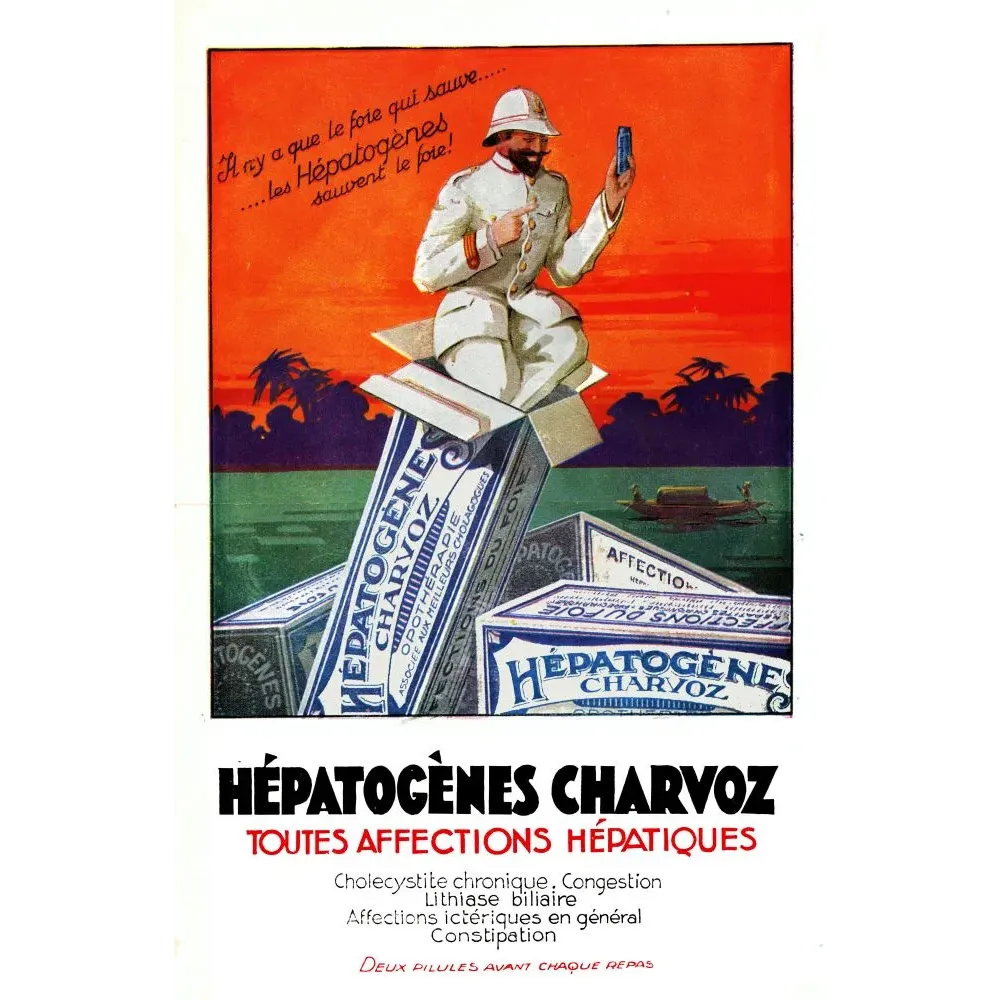 Réclame Hépatogènes Charvoz officier colonial blanc casque brousse coucher soleil tropical boîtes médicament Réclame Hépatogènes Charvoz officier colonial blanc casque brousse coucher soleil tropical boîtes médicament