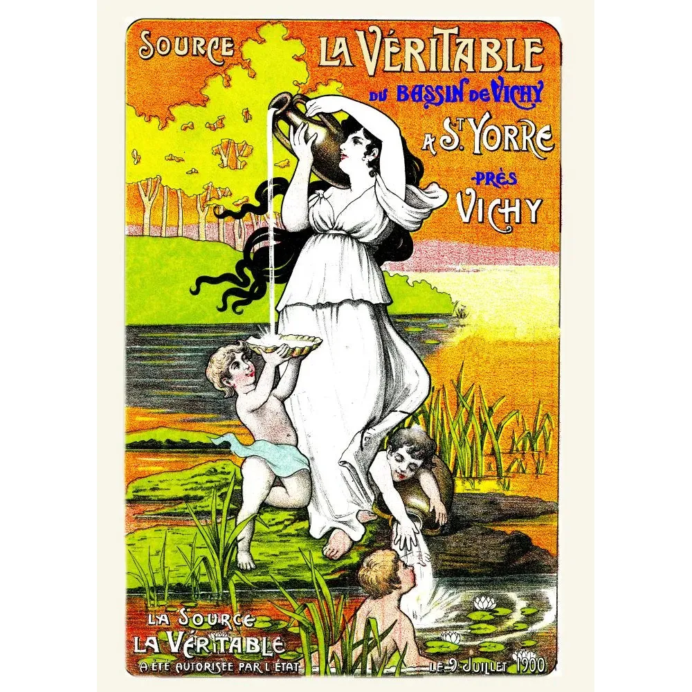 Réclame Source La Véritable Saint-Yorre Vichy 1900 femme drapée amphore putti nénuphars symboliste Réclame Source La Véritable Saint-Yorre Vichy 1900 femme drapée amphore putti nénuphars symboliste