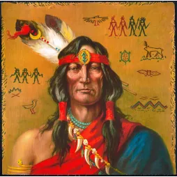 Portrait chef amérindien plume aigle médaillon turquoise collier griffes pictogrammes fond ocre peinture