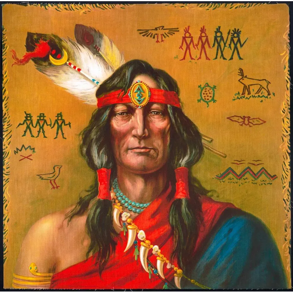 Portrait chef amérindien plume aigle médaillon turquoise collier griffes pictogrammes fond ocre peinture Portrait chef amérindien plume aigle médaillon turquoise collier griffes pictogrammes fond ocre peinture