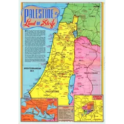 Carte Palestine Land of Strife 1938 sites bibliques Jérusalem Trans-Jordan Méditerranée Syrie Égypte