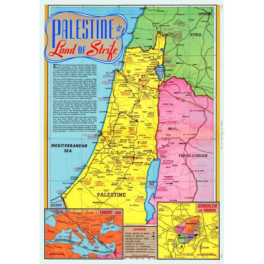 Carte Palestine Land of Strife 1938 sites bibliques Jérusalem Trans-Jordan Méditerranée Syrie Égypte Carte Palestine Land of Strife 1938 sites bibliques Jérusalem Trans-Jordan Méditerranée Syrie Égypte