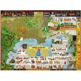 Carte illustrée Carmel-by-the-Sea Jo Mora Californie baie mission San Carlos vignettes history