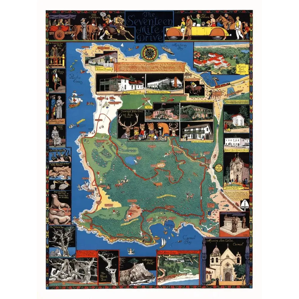 Carte illustrée Seventeen Mile Drive Monterey Californie cerfs otaries Mission San Carlos Del Monte Carte illustrée Seventeen Mile Drive Monterey Californie cerfs otaries Mission San Carlos Del Monte