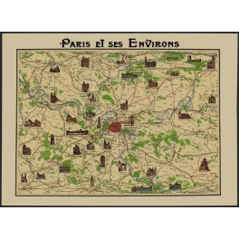 Carte illustrée Paris et ses Environs monuments cathédrale Chartres Versailles Fontainebleau Compiègne