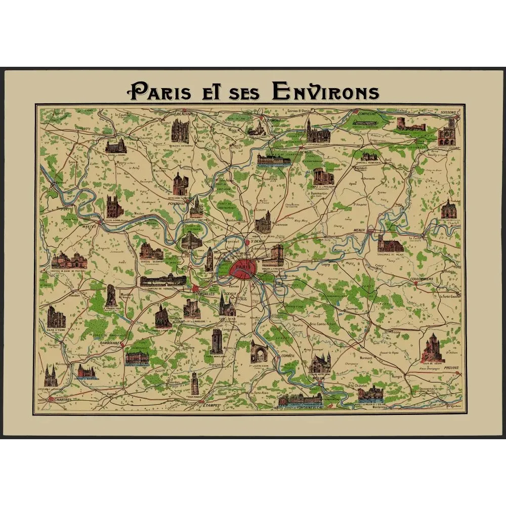Carte illustrée Paris et ses Environs monuments cathédrale Chartres Versailles Fontainebleau Compiègne Carte illustrée Paris et ses Environs monuments cathédrale Chartres Versailles Fontainebleau Compiègne