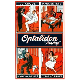 Réclame Optalidon Sandoz quatre douleurs sciatique maux tête dents dysménorrhée femme médecin F.B.