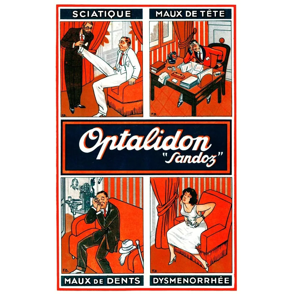 Réclame Optalidon Sandoz quatre douleurs sciatique maux tête dents dysménorrhée femme médecin F.B. Réclame Optalidon Sandoz quatre douleurs sciatique maux tête dents dysménorrhée femme médecin F.B.