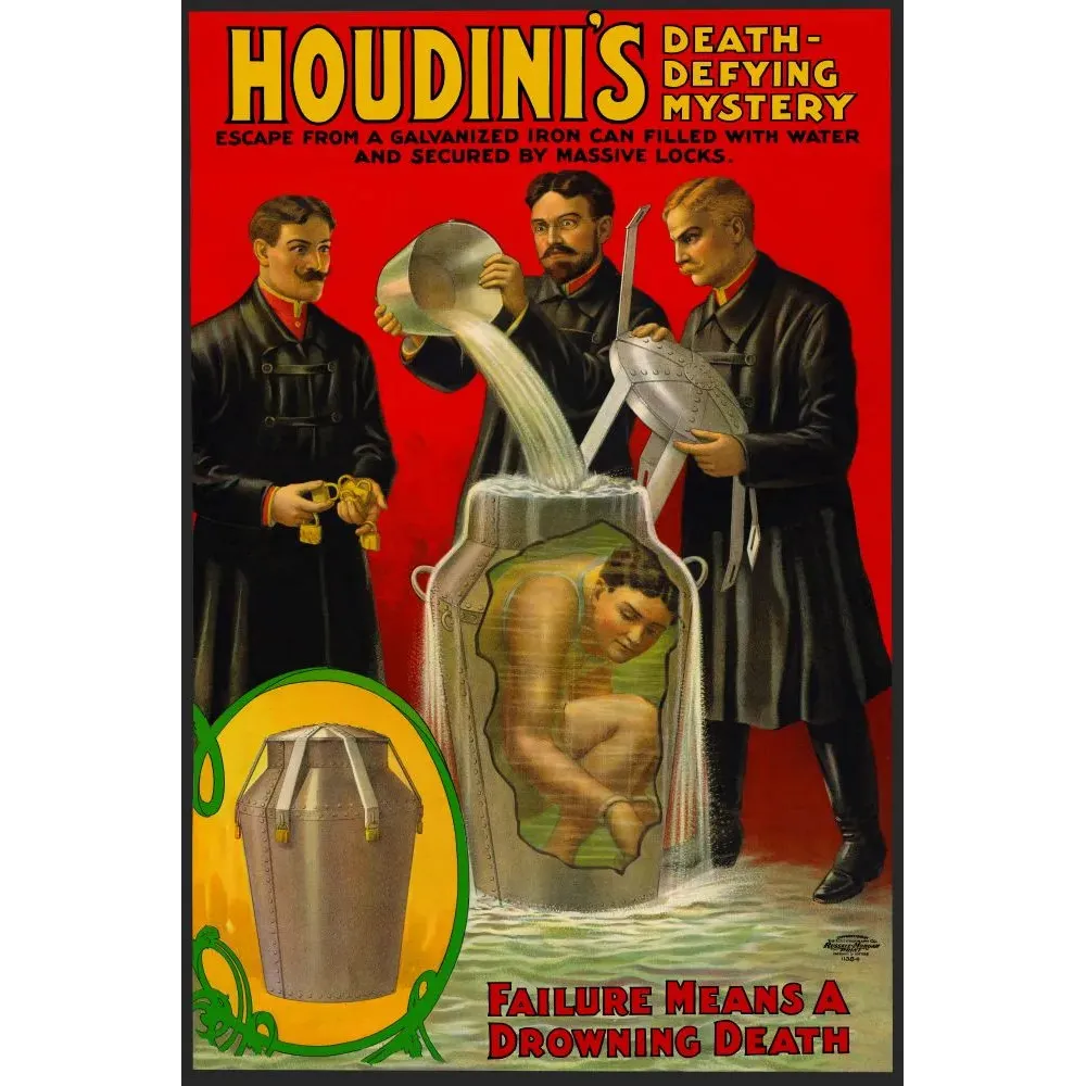 Affiche Houdini évasion bidon de fer scellé rempli d'eau