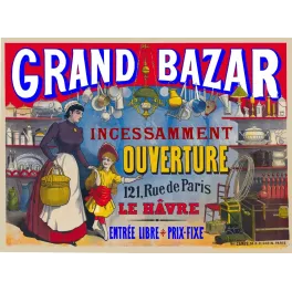 Publicité Grand Bazar Le Havre ouverture 121 Rue de Paris femme tablier fillette robe jaune vaisselle casseroles
