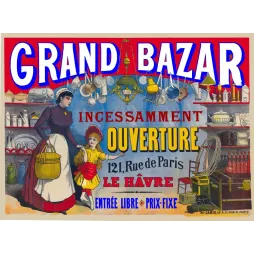 Publicité Grand Bazar Le Havre ouverture 121 Rue de Paris femme tablier fillette robe jaune vaisselle casseroles