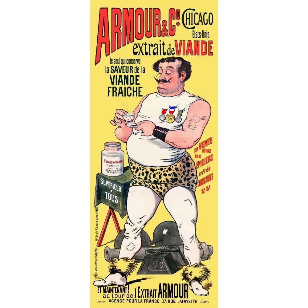 Publicité extrait de viande Armour Co Chicago athlète médaillé short léopard haltère 100kg fond jaune Publicité extrait de viande Armour Co Chicago athlète médaillé short léopard haltère 100kg fond jaune