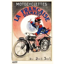Publicité motocyclette La Française Diamant hussard uniforme bleu cocarde tricolore moto noire 2793