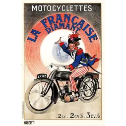 Publicité motocyclette La Française Diamant hussard uniforme bleu cocarde tricolore moto noire 2793