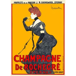 Publicité Champagne de Rochegré Épernay Cappiello femme robe noire gants chevelure rousse fond orange