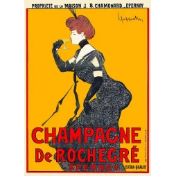 Publicité Champagne de Rochegré Épernay Cappiello femme robe noire gants chevelure rousse fond orange