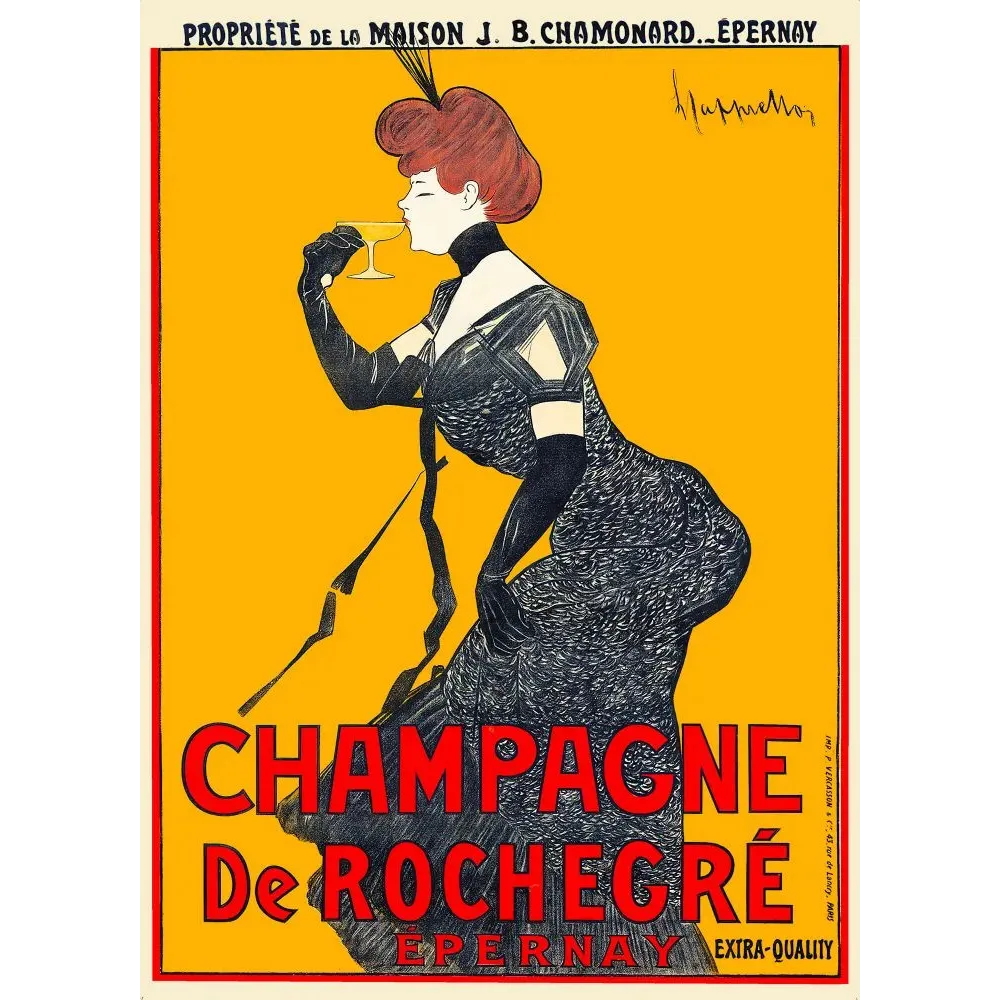 Publicité Champagne de Rochegré Épernay Cappiello femme robe noire gants chevelure rousse fond orange Publicité Champagne de Rochegré Épernay Cappiello femme robe noire gants chevelure rousse fond orange
