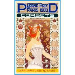 Publicité corsets Manufactures Royales Bruxelles Grand Prix Paris 1900 femme rousse Art Nouveau médailles floraux