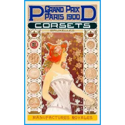 Publicité corsets Manufactures Royales Bruxelles Grand Prix Paris 1900 femme rousse Art Nouveau médailles floraux