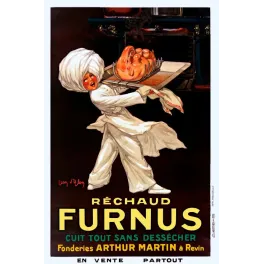 Publicité réchaud Furnus Fonderies Arthur Martin Revin cuisinier toque blanche volaille rôtie four Léon d'Ylen