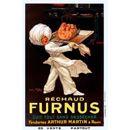 Publicité réchaud Furnus Fonderies Arthur Martin Revin cuisinier toque blanche volaille rôtie four Léon d'Ylen