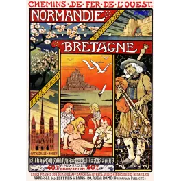 Publicité Normandie Bretagne Chemins de Fer de l'Ouest Paul Berthon Mont-Saint-Michel Cathédrale Rouen biniou breton