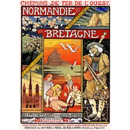 Publicité Normandie Bretagne Chemins de Fer de l'Ouest Paul Berthon Mont-Saint-Michel Cathédrale Rouen biniou breton