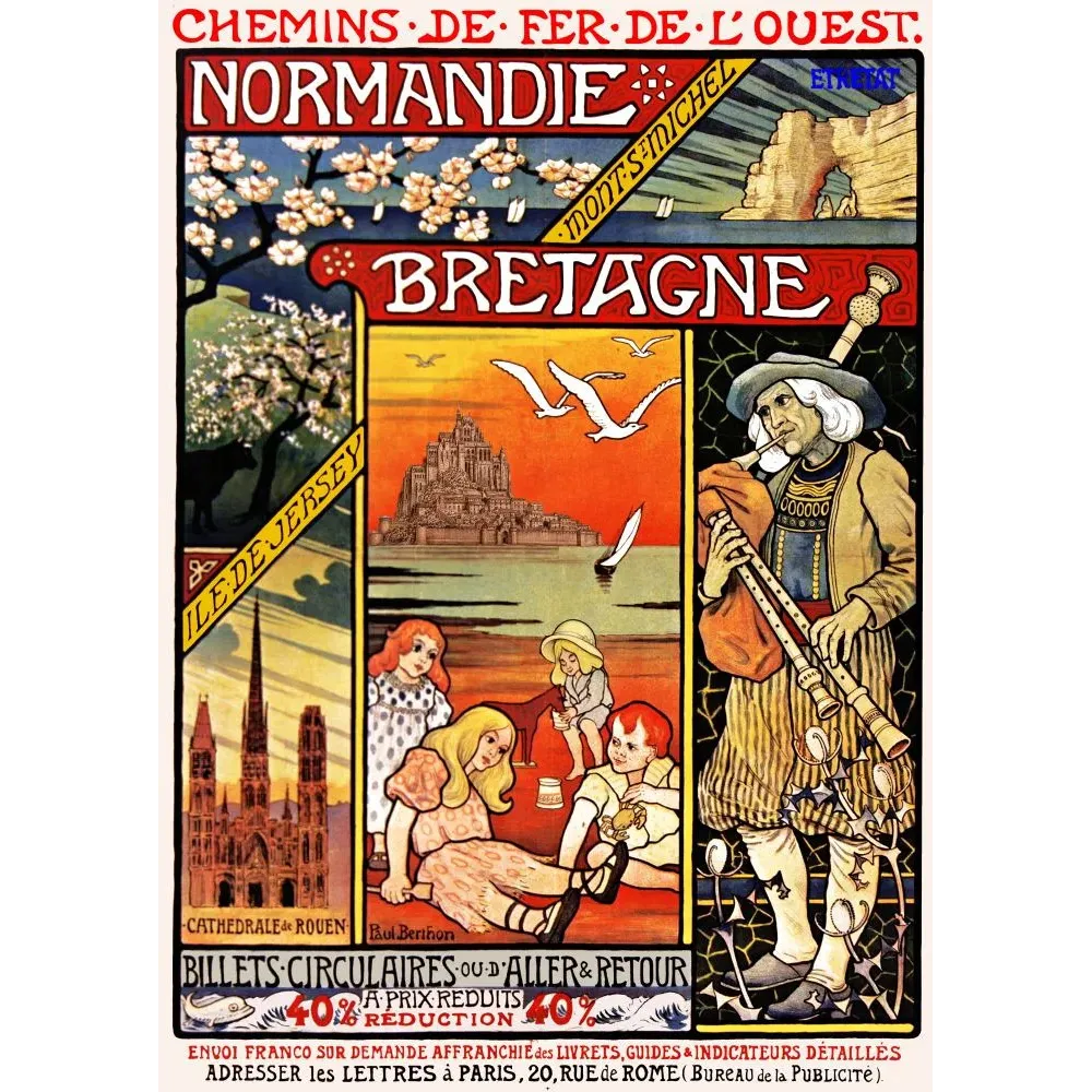 Publicité Normandie Bretagne Chemins de Fer de l'Ouest Paul Berthon Mont-Saint-Michel Cathédrale Rouen biniou breton Publicité Normandie Bretagne Chemins de Fer de l'Ouest Paul Berthon Mont-Saint-Michel Cathédrale Rouen biniou breton
