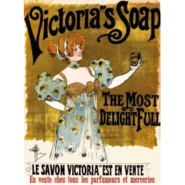 Publicité Victoria's Soap femme robe plumes paon cheveux roux savon parfumeurs merceries signé Guillaume