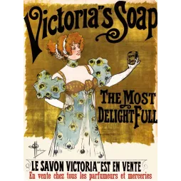 Publicité Victoria's Soap femme robe plumes paon cheveux roux savon parfumeurs merceries signé Guillaume