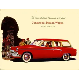 Document publicitaire Studebaker Commander V-8 Regal Conestoga Station Wagon 1955 break rouge famille chien