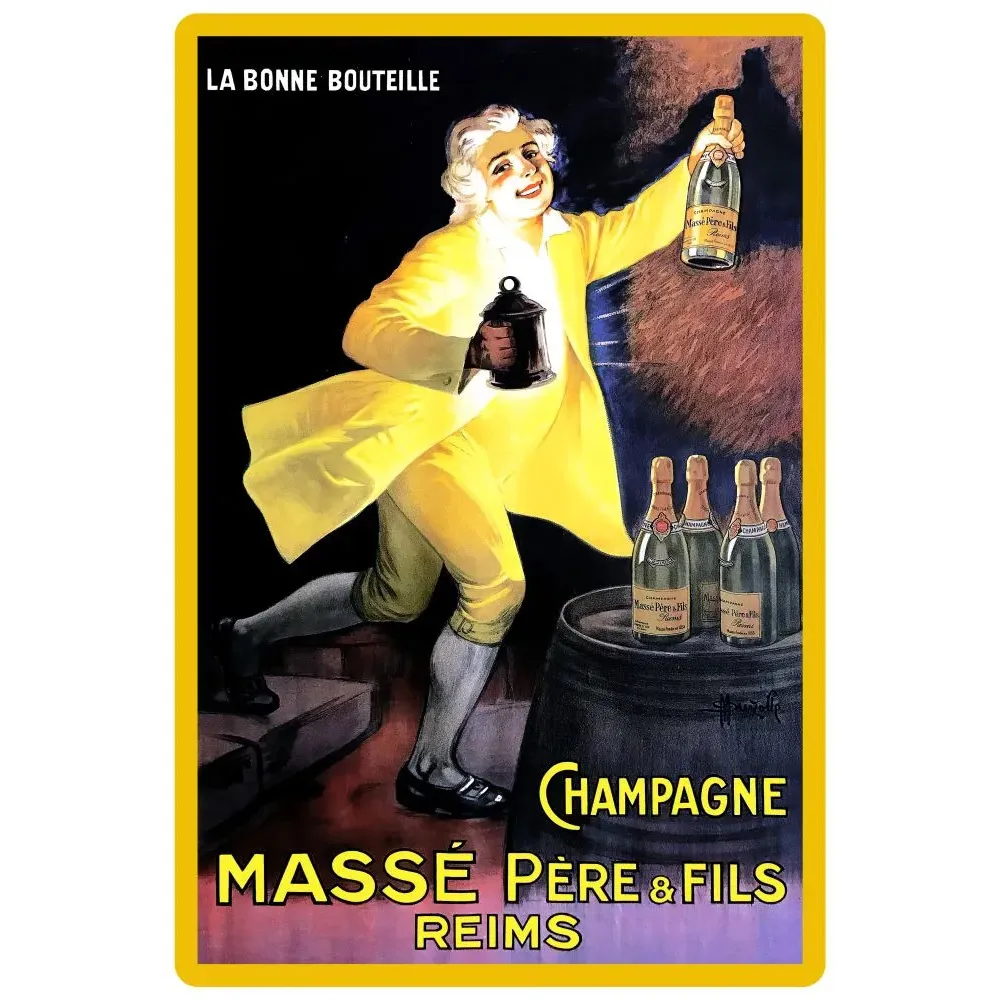 Publicité Champagne Massé Père & Fils Reims caviste manteau jaune bouteille cave tonneau signé Stiaslny Publicité Champagne Massé Père & Fils Reims caviste manteau jaune bouteille cave tonneau signé Stiaslny